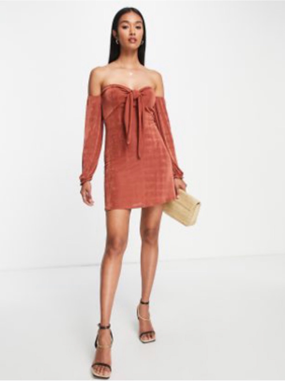 ASOS DESIGN Rust Copper Shimmer Tie-Front Long Sleeve Mini Dress – US 4